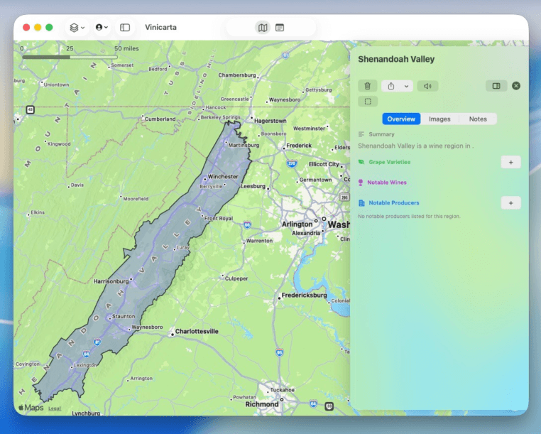 Vinicarta showing multiple windows with Napa Valley and personal notes on Monticello