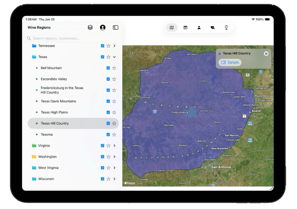 Vinicarta on iPad showing Texas Hill Country