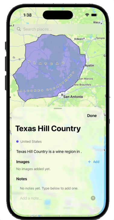 Vinicarta on iPhone showing Texas Hill Country